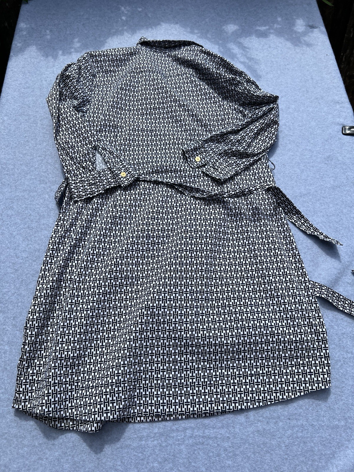 Tommy Hilfiger Geometric Cotton Shirt Dress Belted Pockets L/G Knee Length
