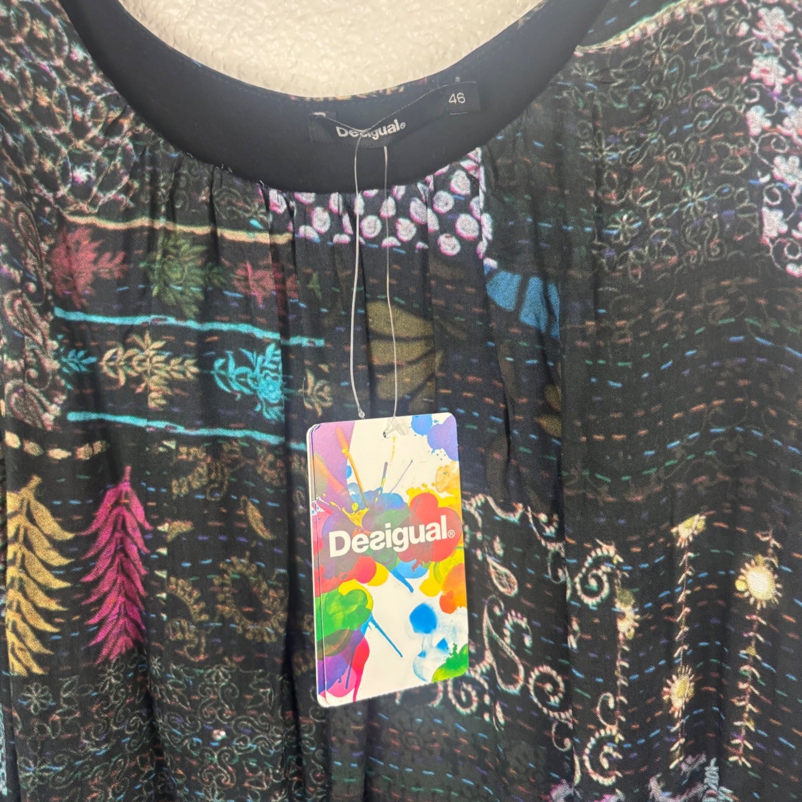 NWT Desigual 46 US 12 XL Black Patchwork Sleeveless Tunic Dress Boho Artsy