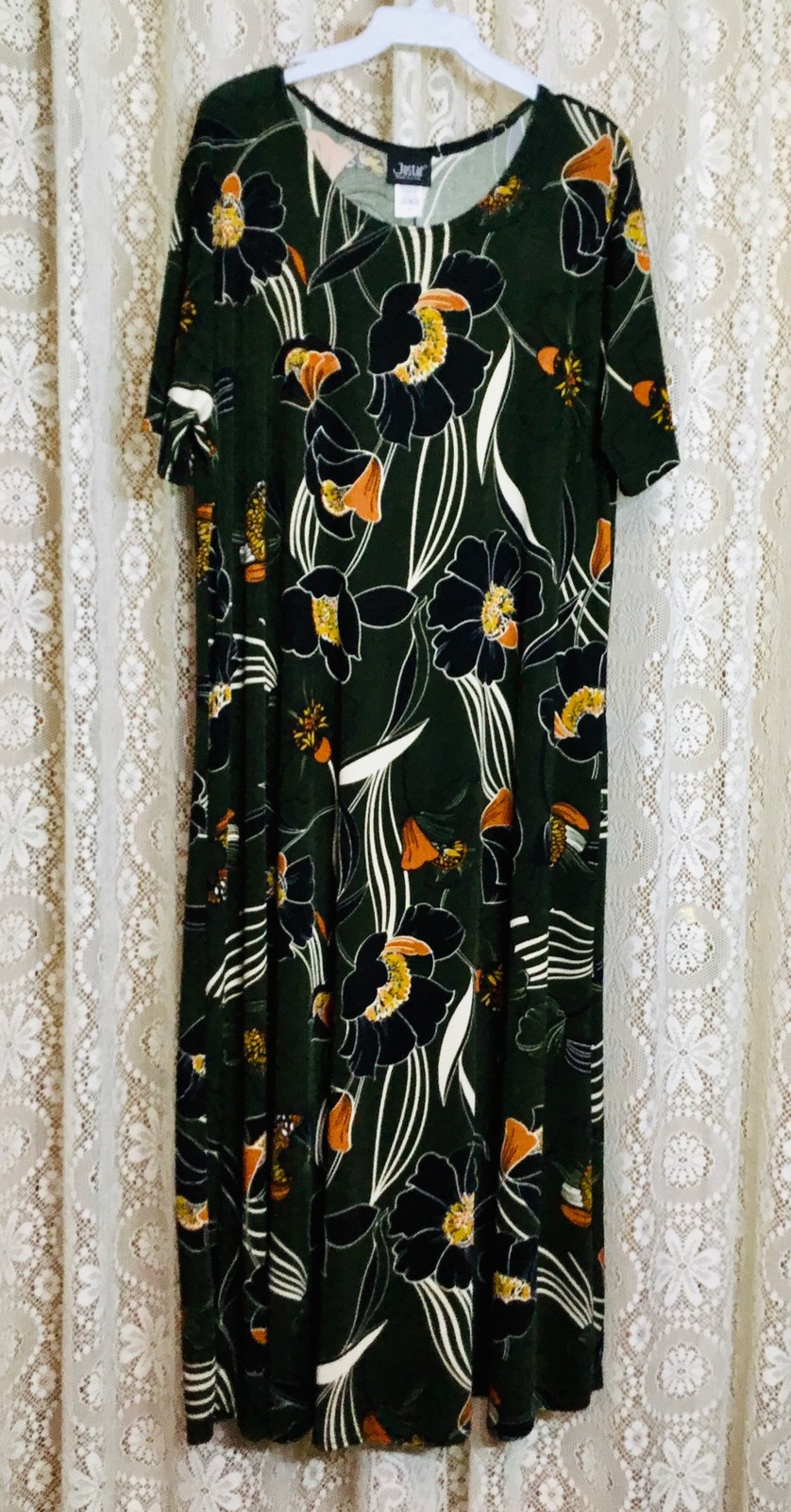JOSTAR LONG DRESS Poly Spandex Slinky Knit TRAVEL OLIVE FLORAL S M L XL 2X 3X