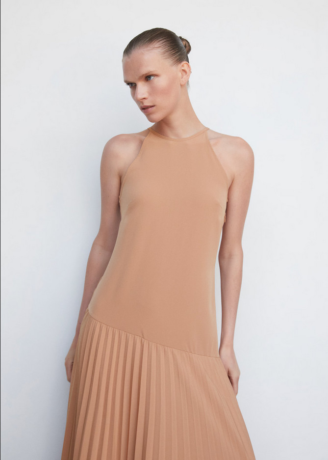 NWT MANGO MNG COFFEE PLEATED PANEL MAXI DRESS SZ S US 4