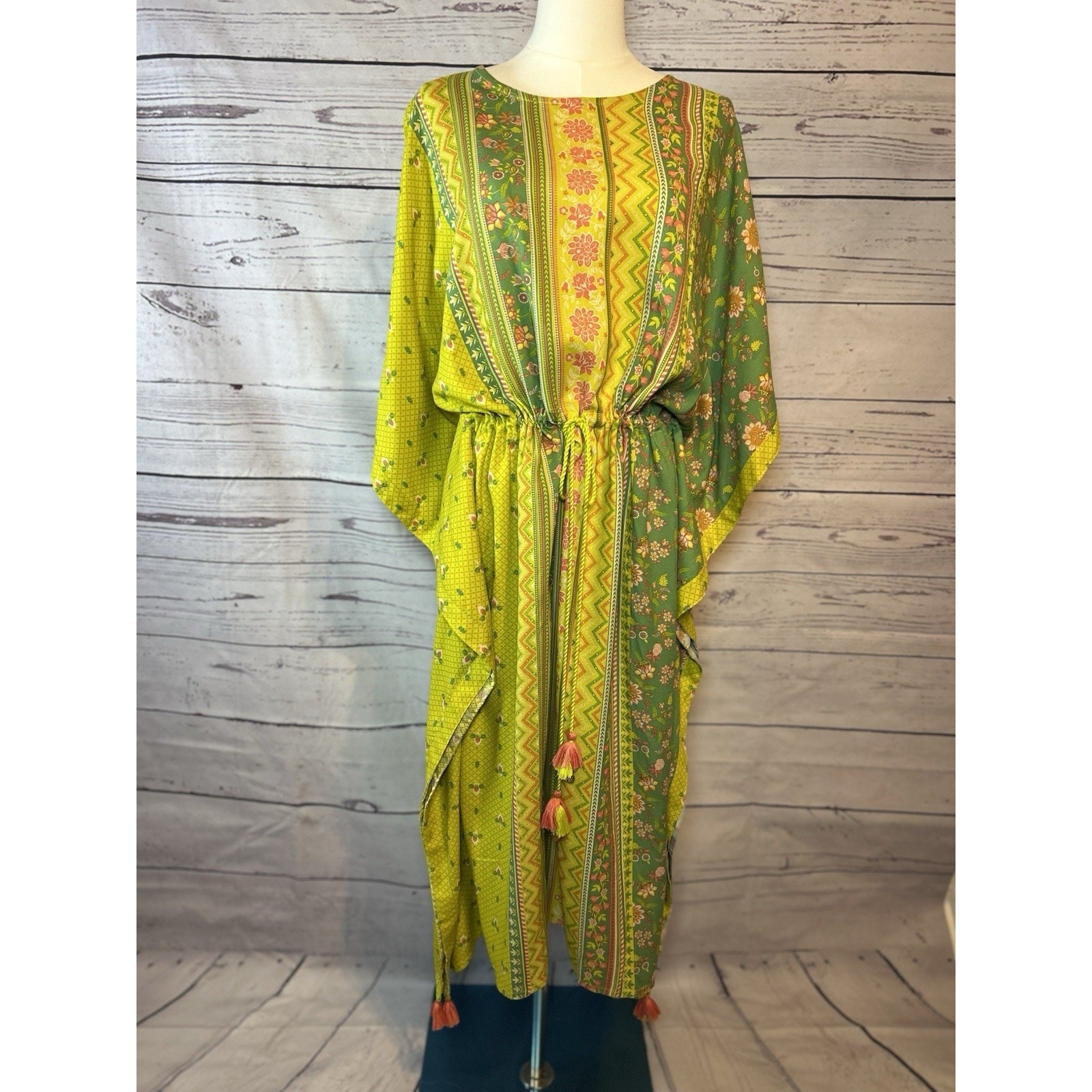 Boho Floral Geometric Tassel Fringe Dress Green Pink Tropical Tunic L