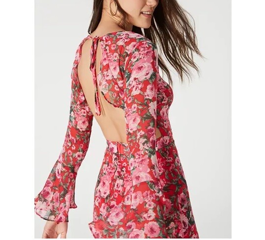 B Darlin Junior Womens 3/4 Red Pink Green Floral Open Back Bodycon Dress NWT