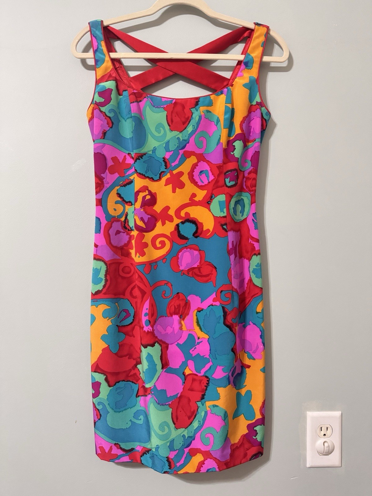 VTG 1980s A.J. Bari 100% Silk Cocktail Mini Dress Abstract Floral Retro Sz 6