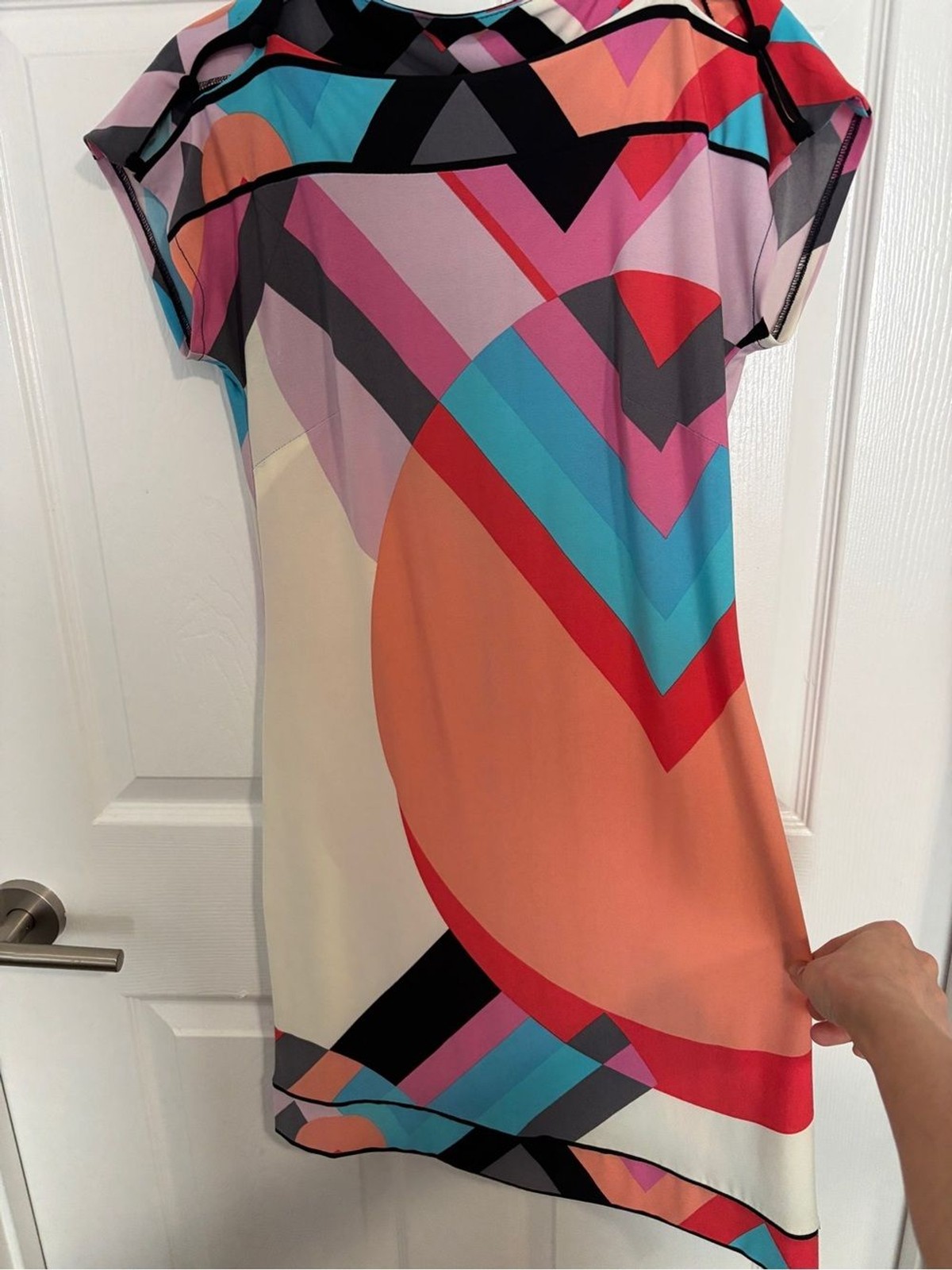 Donna Morgan Geometric Colorblock Shift Dress Pink Coral Teal Mod Print Size 2