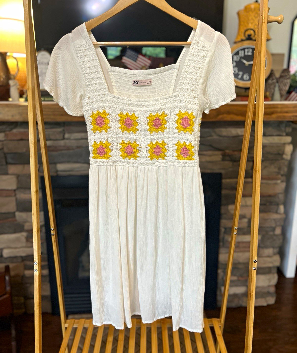 SO XS White Crochet Floral Smocked Square Neck Short Sleeve Midi Dress