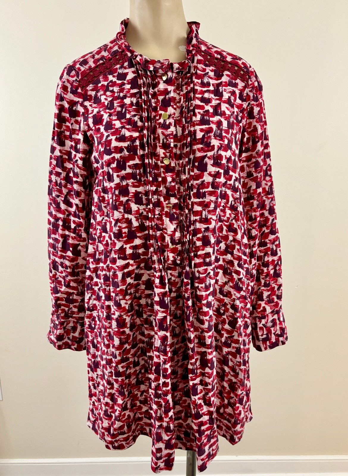 KATE SPADE Women XS Red Abstract Pintuck 100% Silk Floral Lace Long Sleeve Dress