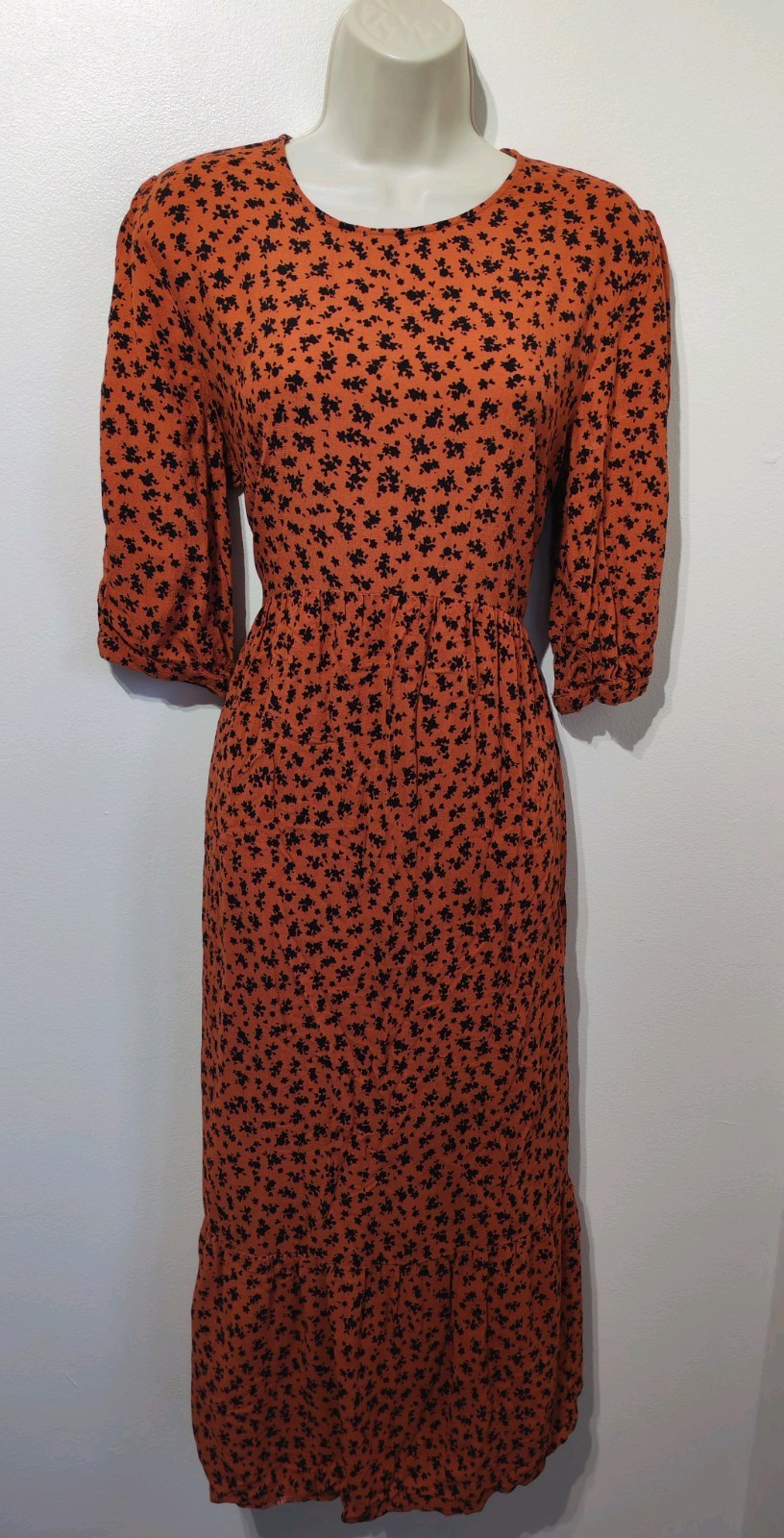 Nobody’s Child burnt orange ditsy floral print long maxi dress 14 cottage Autumn