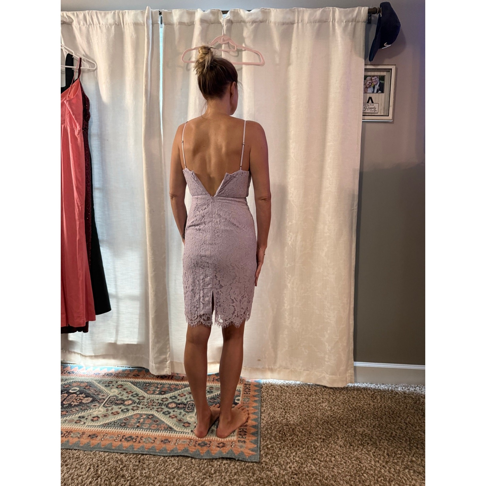 ASTR The Label Dusty Lavender Lace Midi Dress XS Spaghetti Strap Bodycon