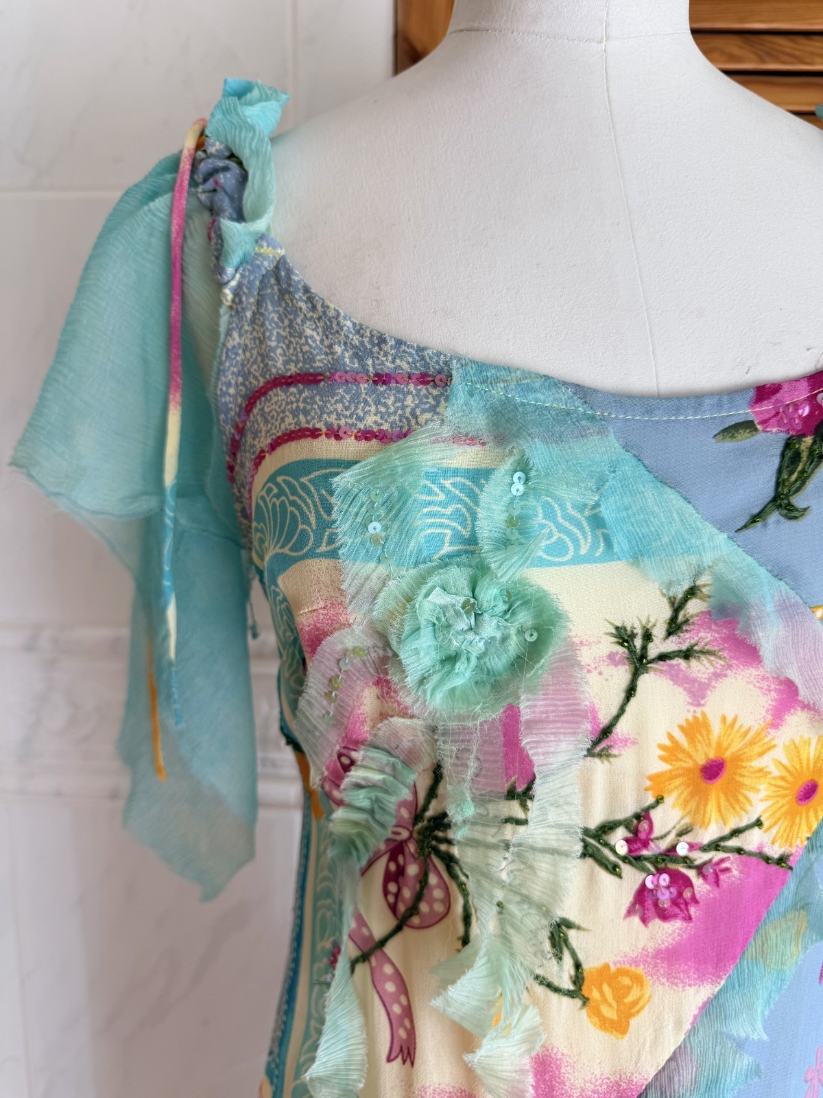Spanish Designer Multicoloured Patchwork Floral Appliqué Dress M