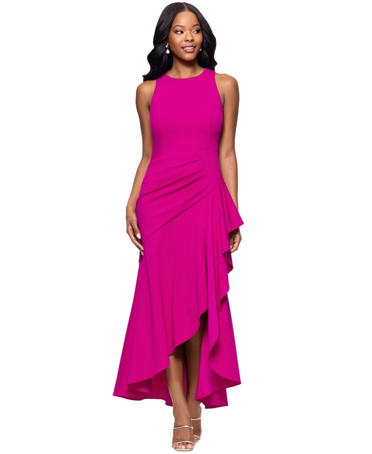 Betsy & Adam Women’s Scuba Sleeveless Ruffled-Slit Dress – Fuchsia Size 6-DEFECT