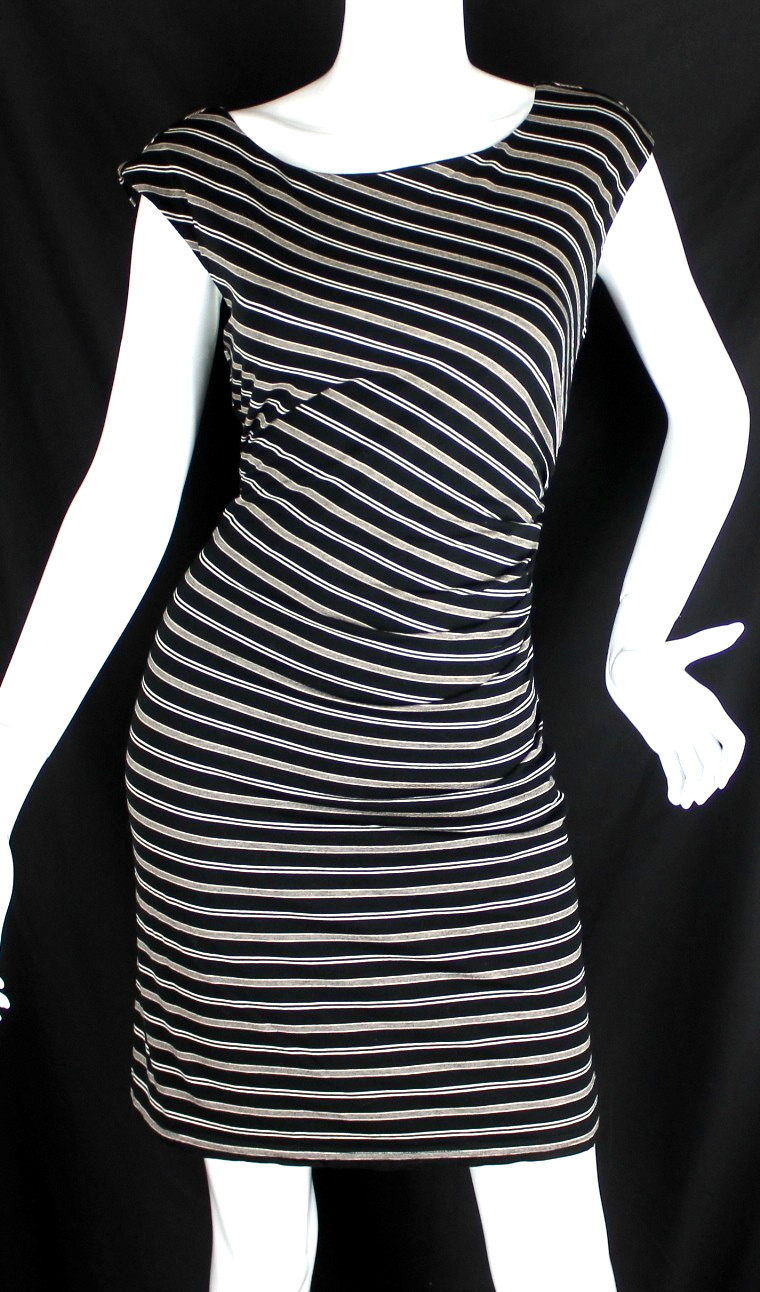 {ANN TAYLOR LOFT} Dress Sz. M Black & Beige Striped Ruched Stretch Lined