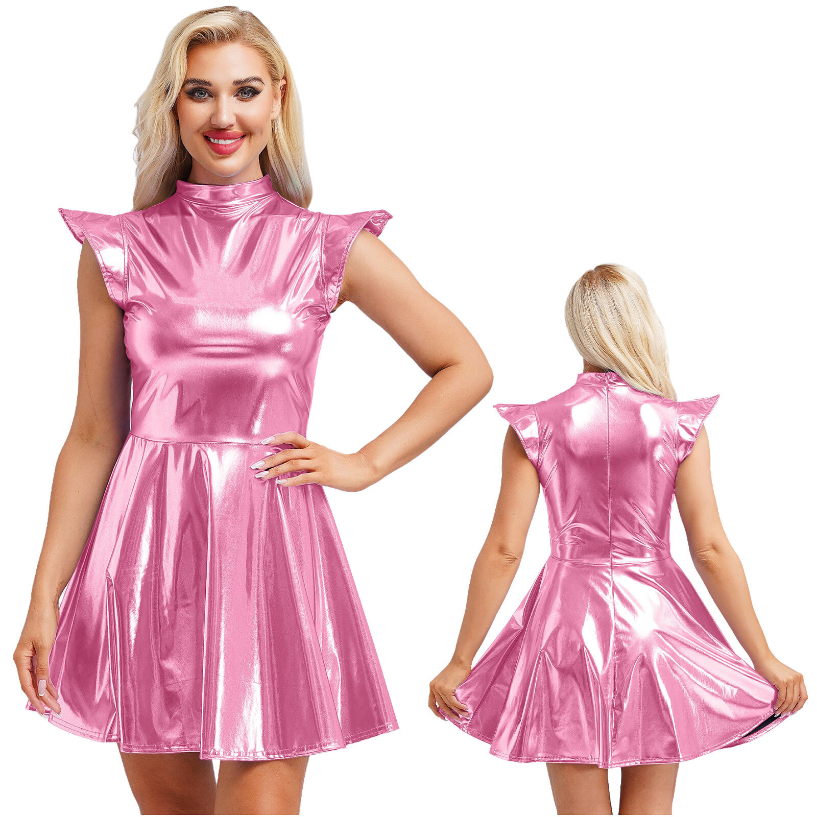 US Womens Mini Dress Shiny Metallic Pleated Dresses Sparkle Outfit Party Costume