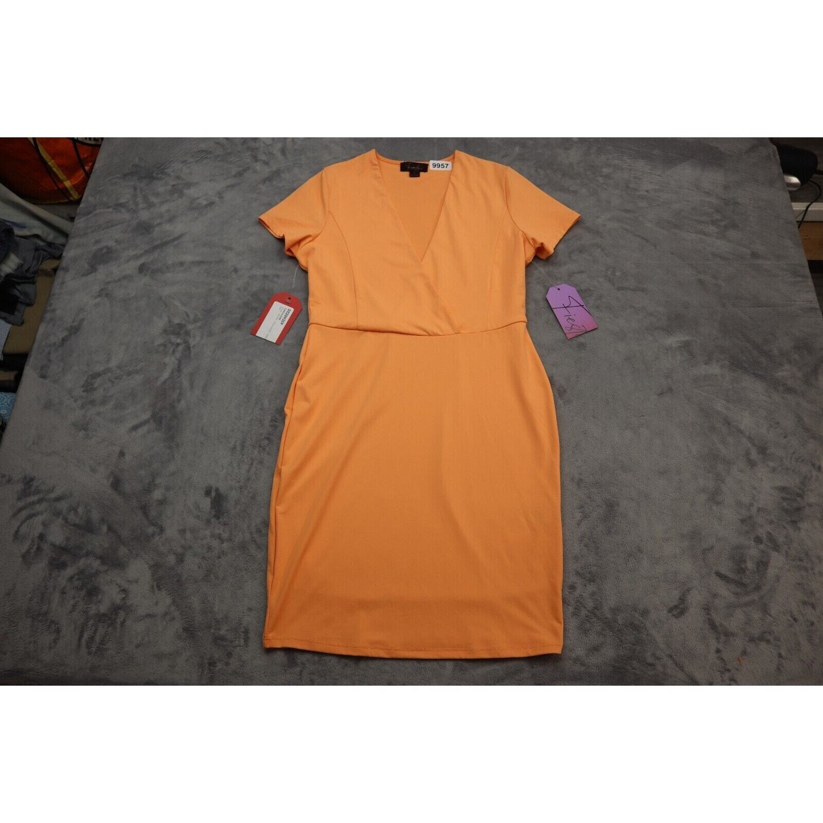 Fiestar Dress Women Small Orange Lightweight V-Neck Pencil Dress Short Sleeve