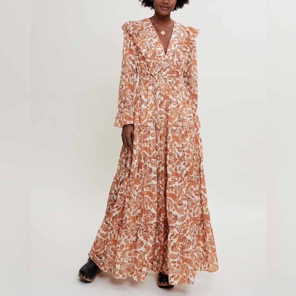 Maje Cotton Dress Medium EU 40 Orange Ruffle Maxi V Neck Floral Paisley Tiered