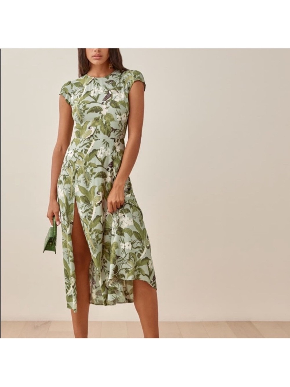Reformation Gavin Dress Tropical Green Jungle Floral Midi Slit EUC Size 6