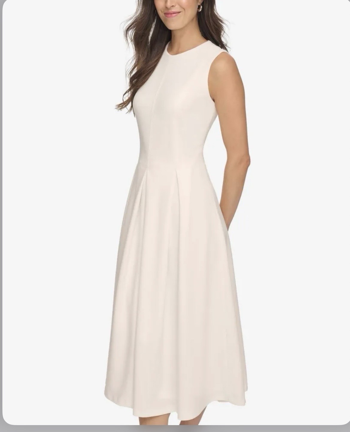 Calvin Klein White Solid Crepe A-Line Pleated Midi Dress Sleeveless Zip 4