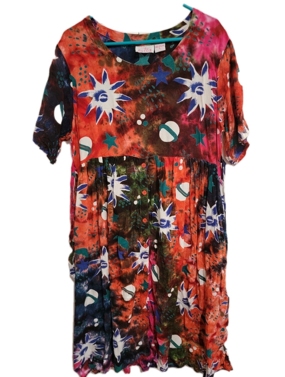 VTG Sita Nepal Cotton Celestial Tie Dye Dress Sun Moon Stars Planet Boho Large