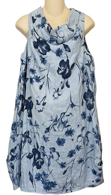 Luca Vanucci Linen Dress Size Small/M Lagenlook Blue Floral Cowl Neck Italy Made