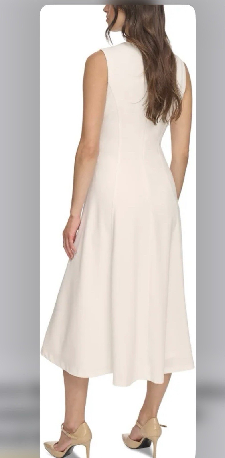 Calvin Klein White Solid Crepe A-Line Pleated Midi Dress Sleeveless Zip 4