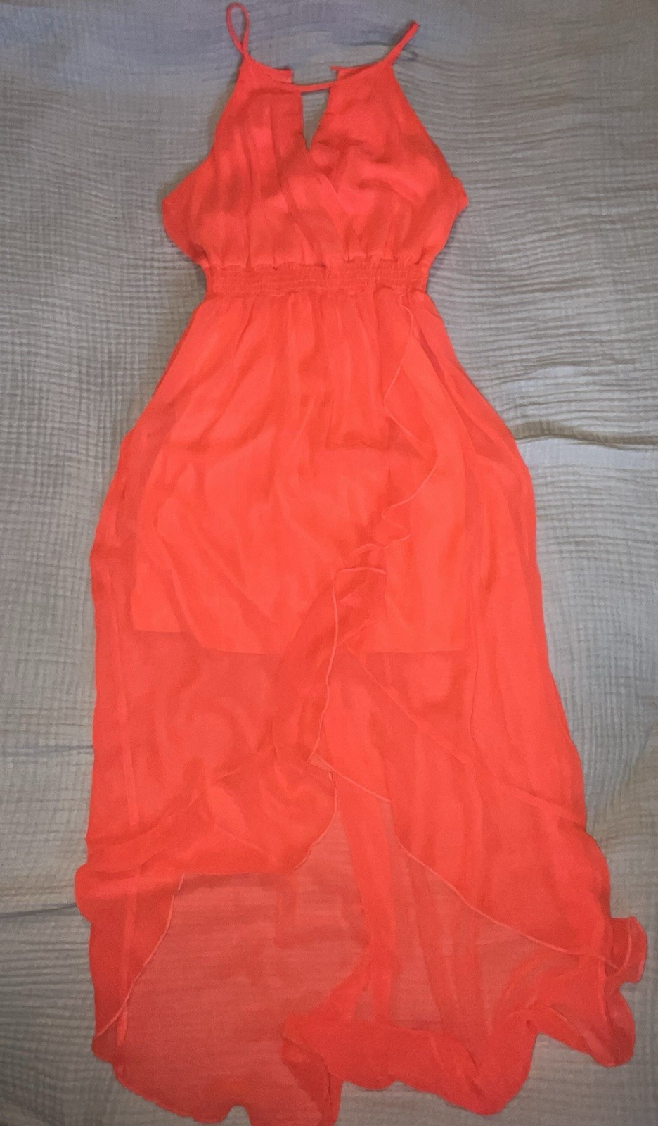 Sweet Storm Women’s Orange Solid Chiffon Sheer Halter Maxi Dress Pullover M