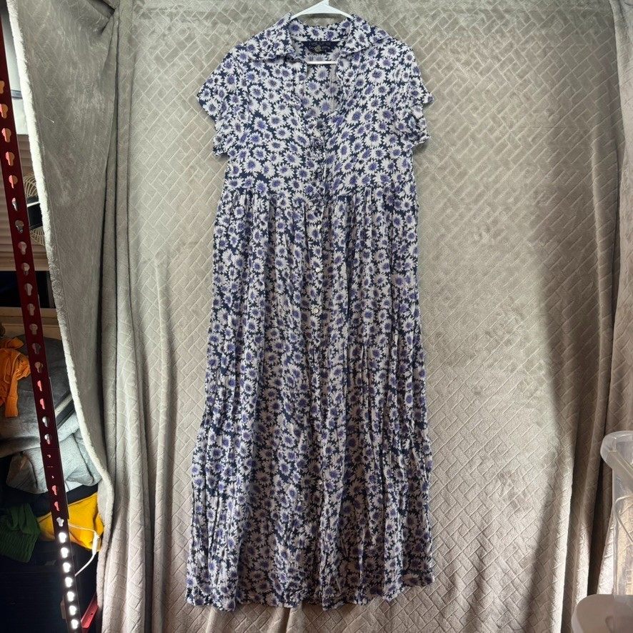 Natural Expressions Dress Womens M Purple Floral Long Midi Short Sleeve Teacher