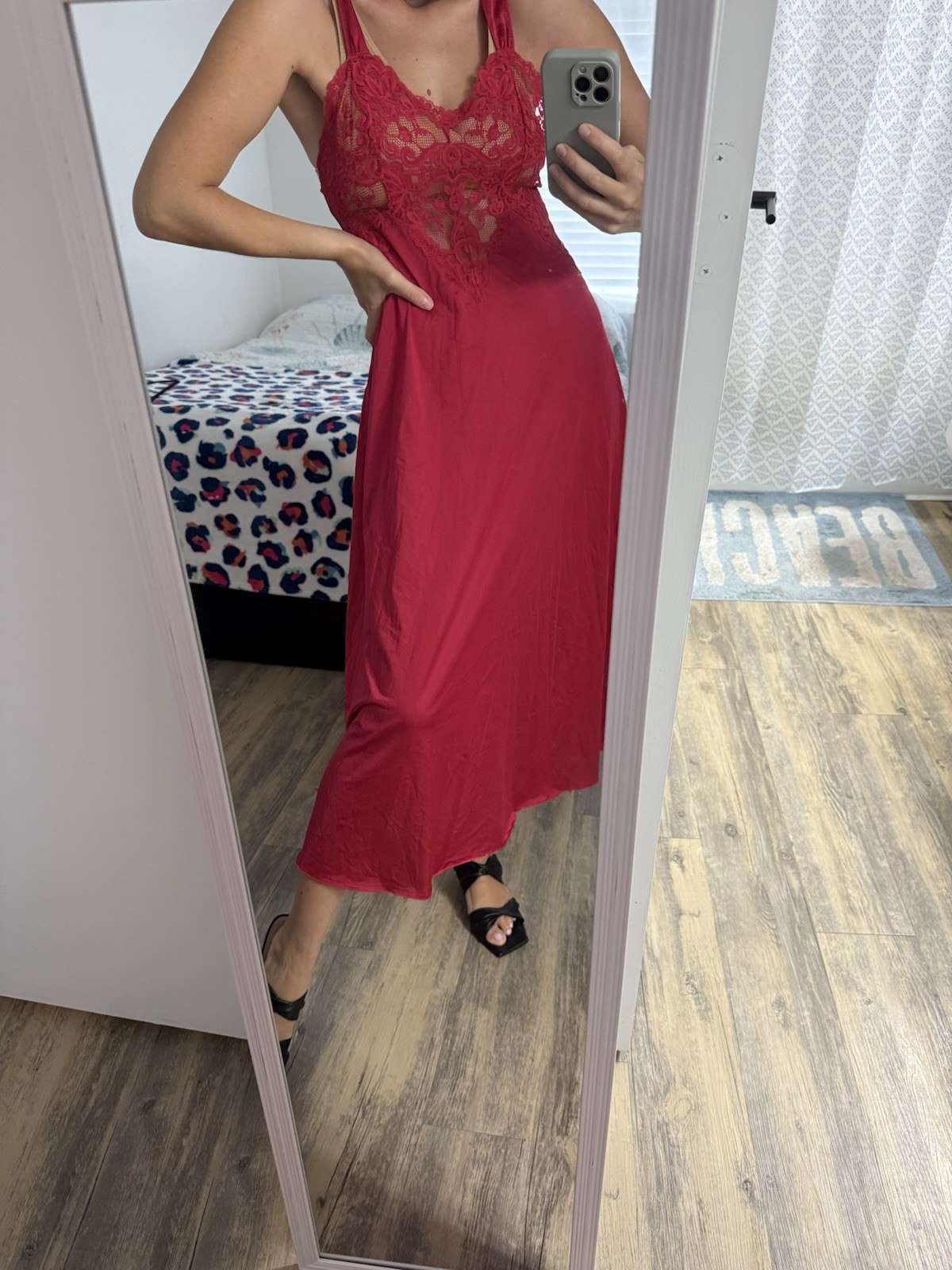 90s Red Lace Bust Midi Slip Dress Triangle Front & Back Neckline, Size М