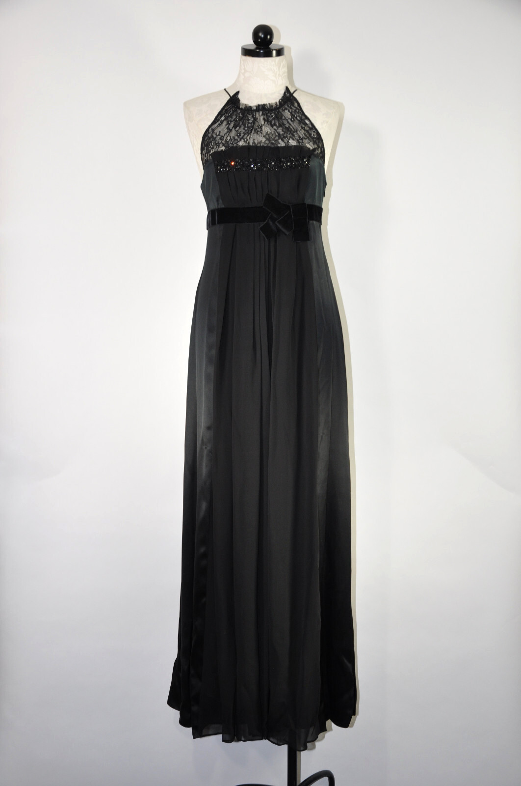 Y2K BCBG Max Azria Black Silk Satin Lace Elegant Maxi Dress Evening Gown Women 4