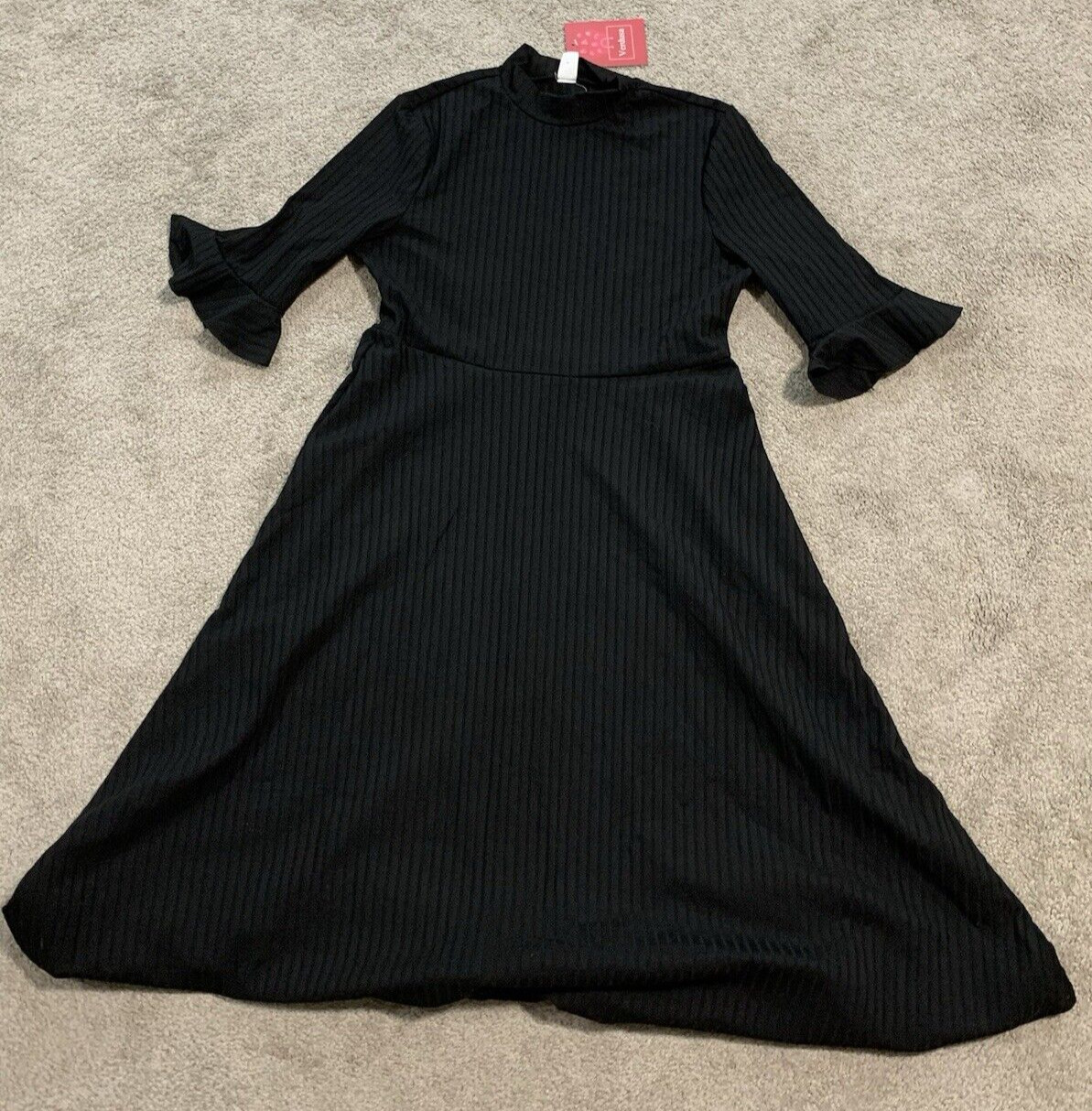 Verdusa High Neck Rib Knit Fit Flare Dress Womens Large Black Stretch Goth Emo