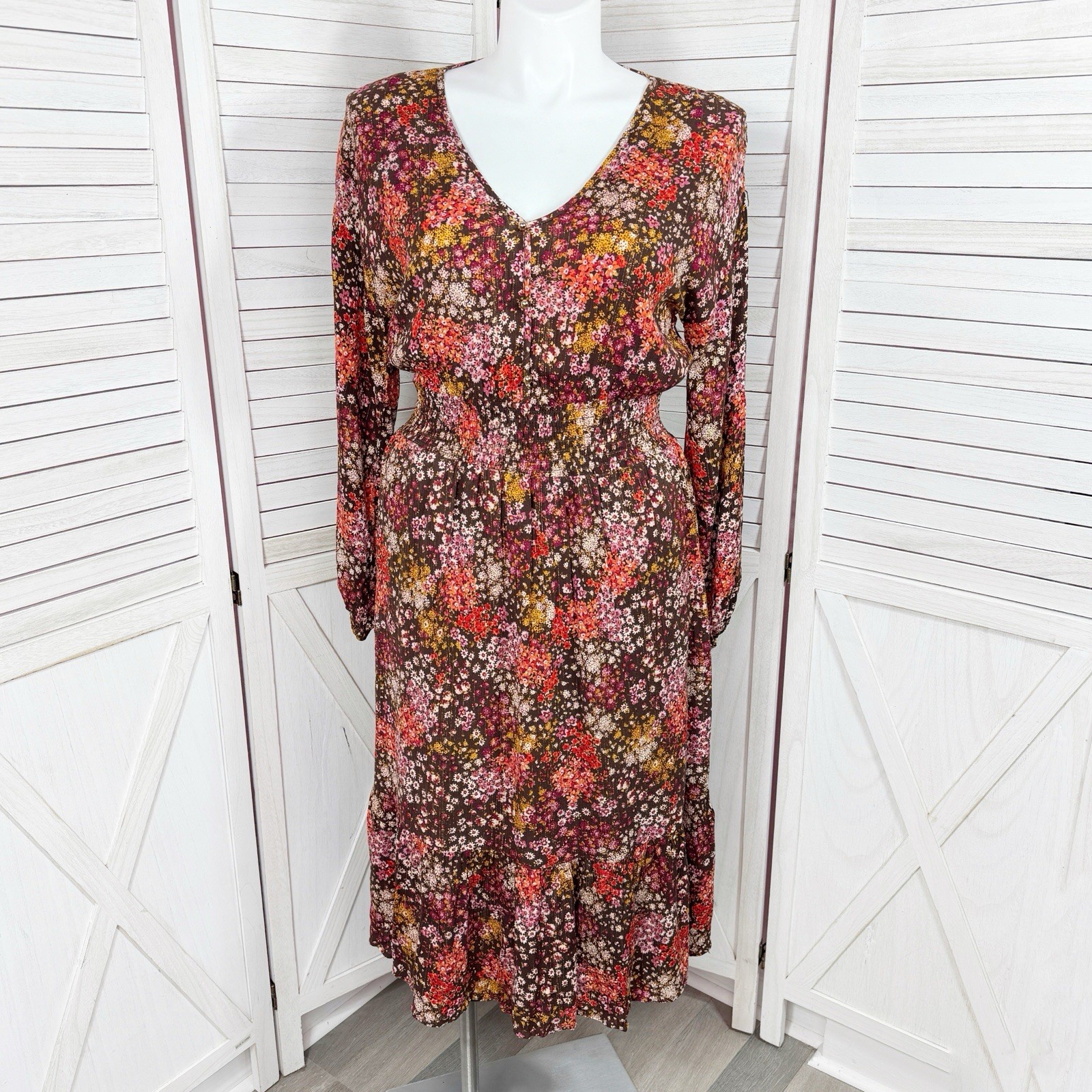 Stitch Dress Women Large Brown Multi Boho Floral Midi Smocked Waist Long Sleeve