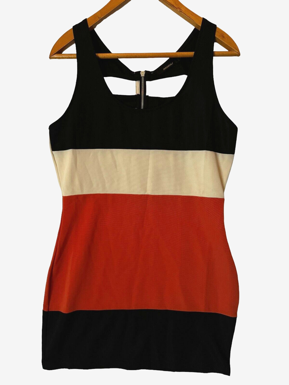 Radzoli Dress Womens M Bodycon Open Cutout Back Colorblock Black Cream Orange