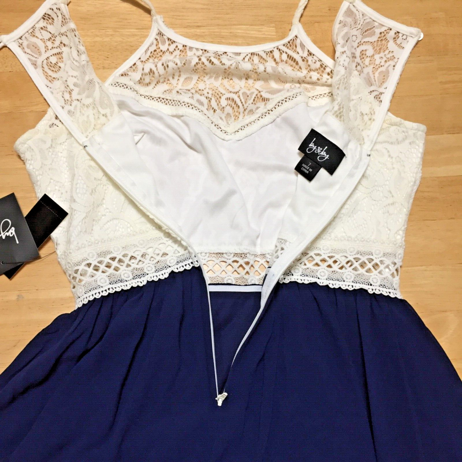By & By Sleeveless Dress Juniors 7 Lined Navy Blue and Ivory Lace NEW