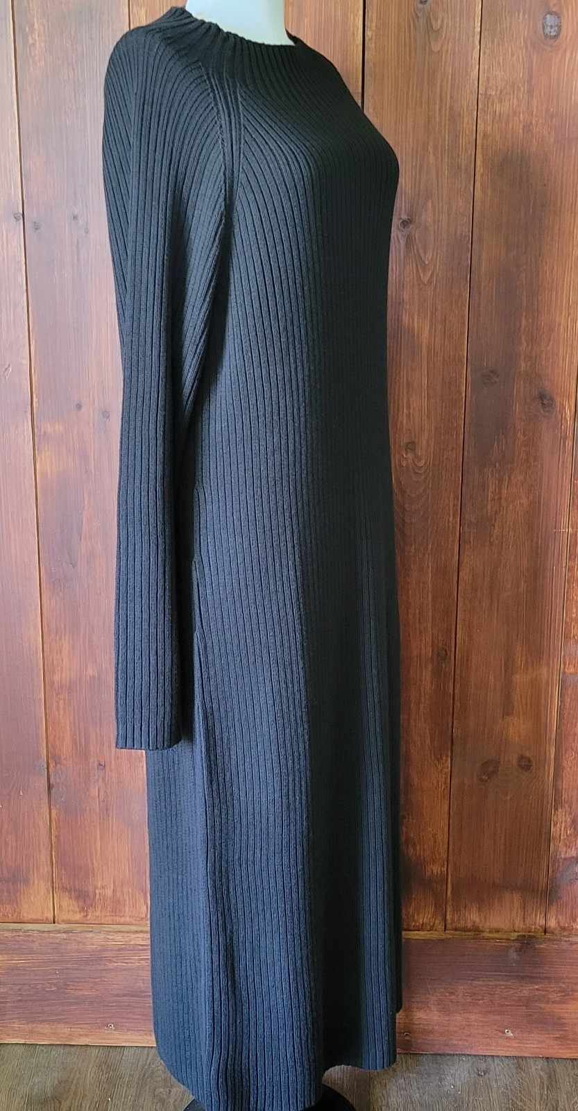 Vintage Coldwater Creek Direct Sweater Dress Women L Black Ribbed Maxi Sunburst