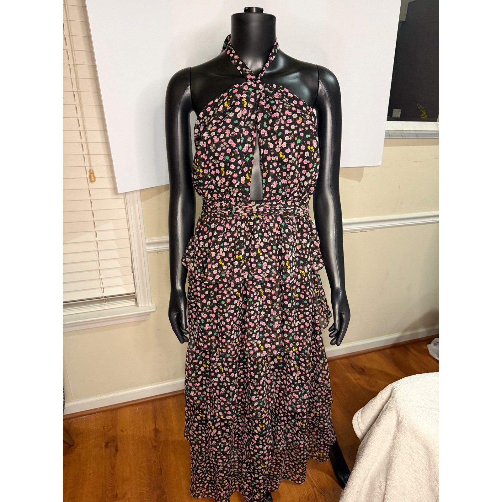 Buddy Love Floral Halter Maxi Dress Black Pink Tiered Ruffle Keyhole Boho Medium