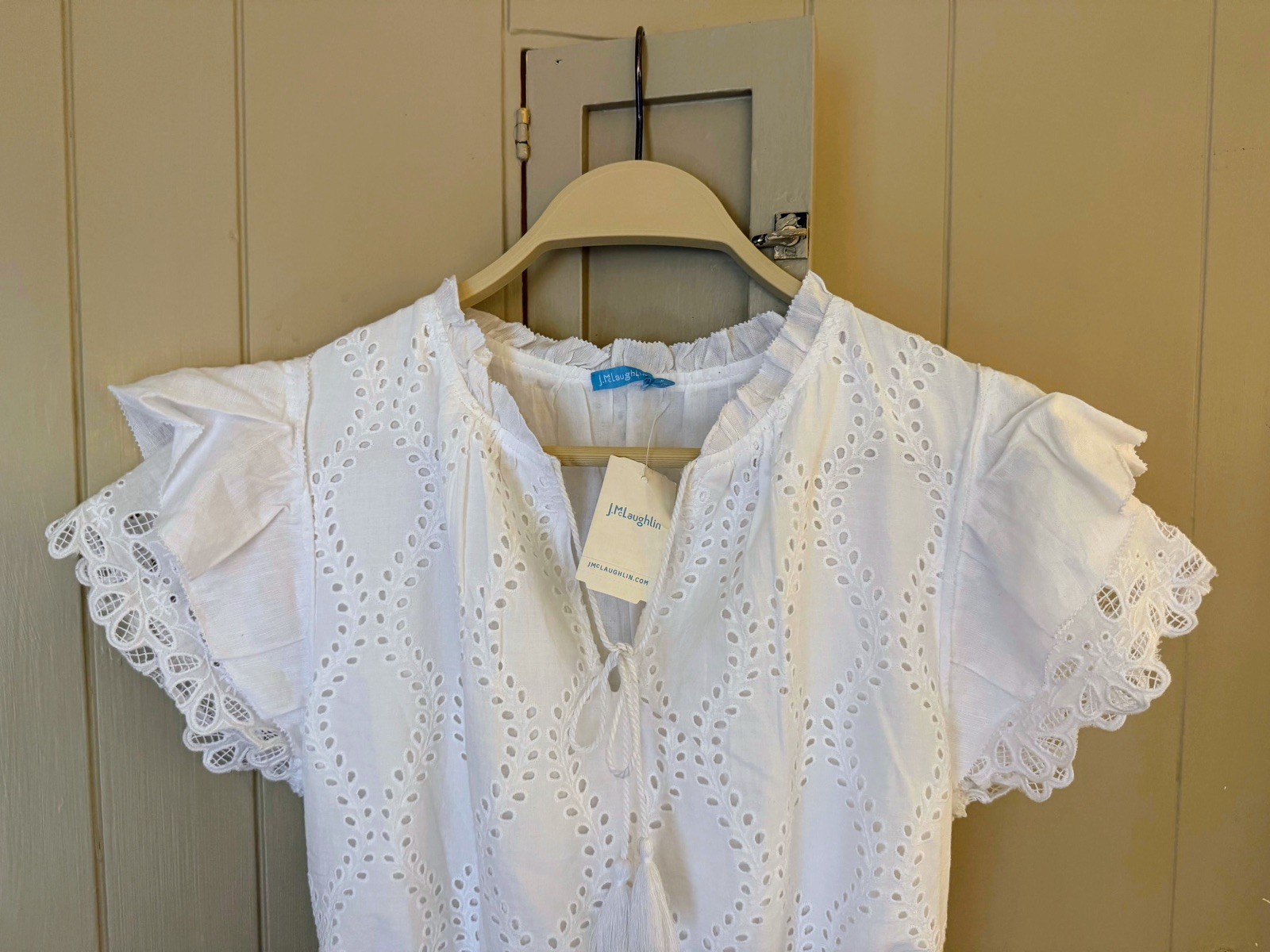 J.McLaughlin Elana White Eyelet Cotton Maxi Dress Flutter Sleeve NWT Size Small