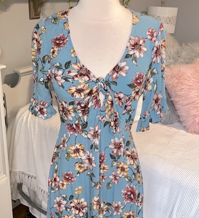 Floral Summer Romantic Dress Blue Flowy Ruffle Sleeve Womens Small Mini