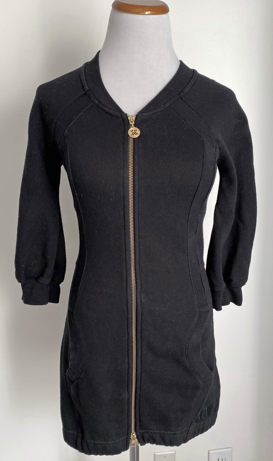 A|X Armani Exchange Black Short Mini Sweatshirt Dress w/ Gold Zipper, XS