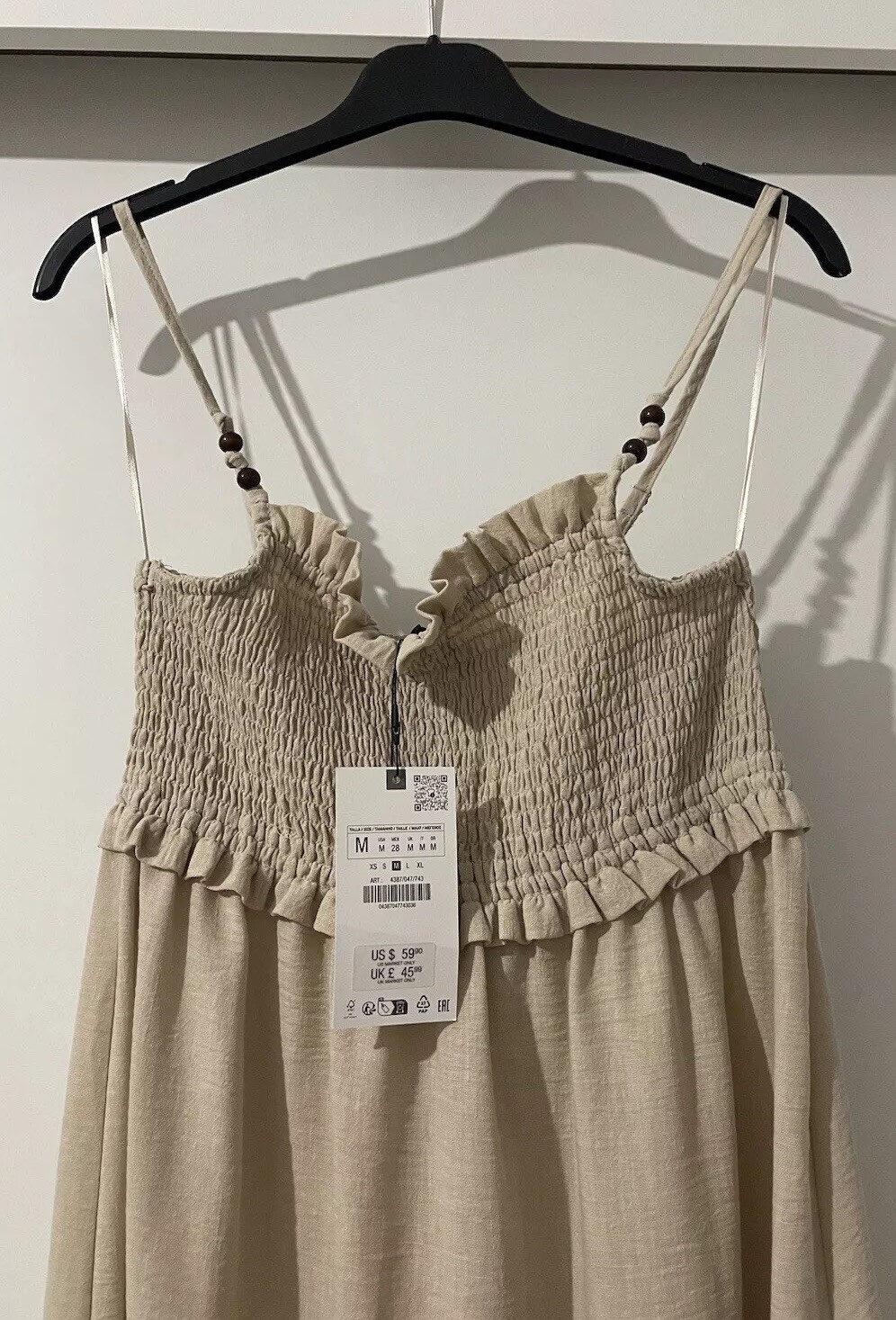 ZARA LIGHT CAMEL SMOCKED TOP THIN STRAPS MIDI DRESS SIZE M BNWT