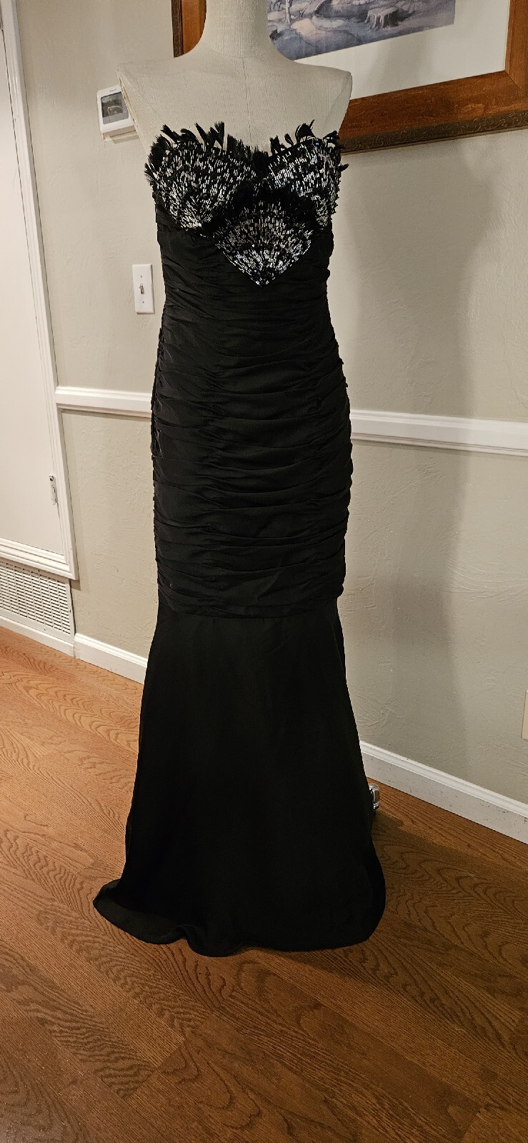Diva Couture Black Ruffeled Gown With Beading And Feather Accents From Brazil
