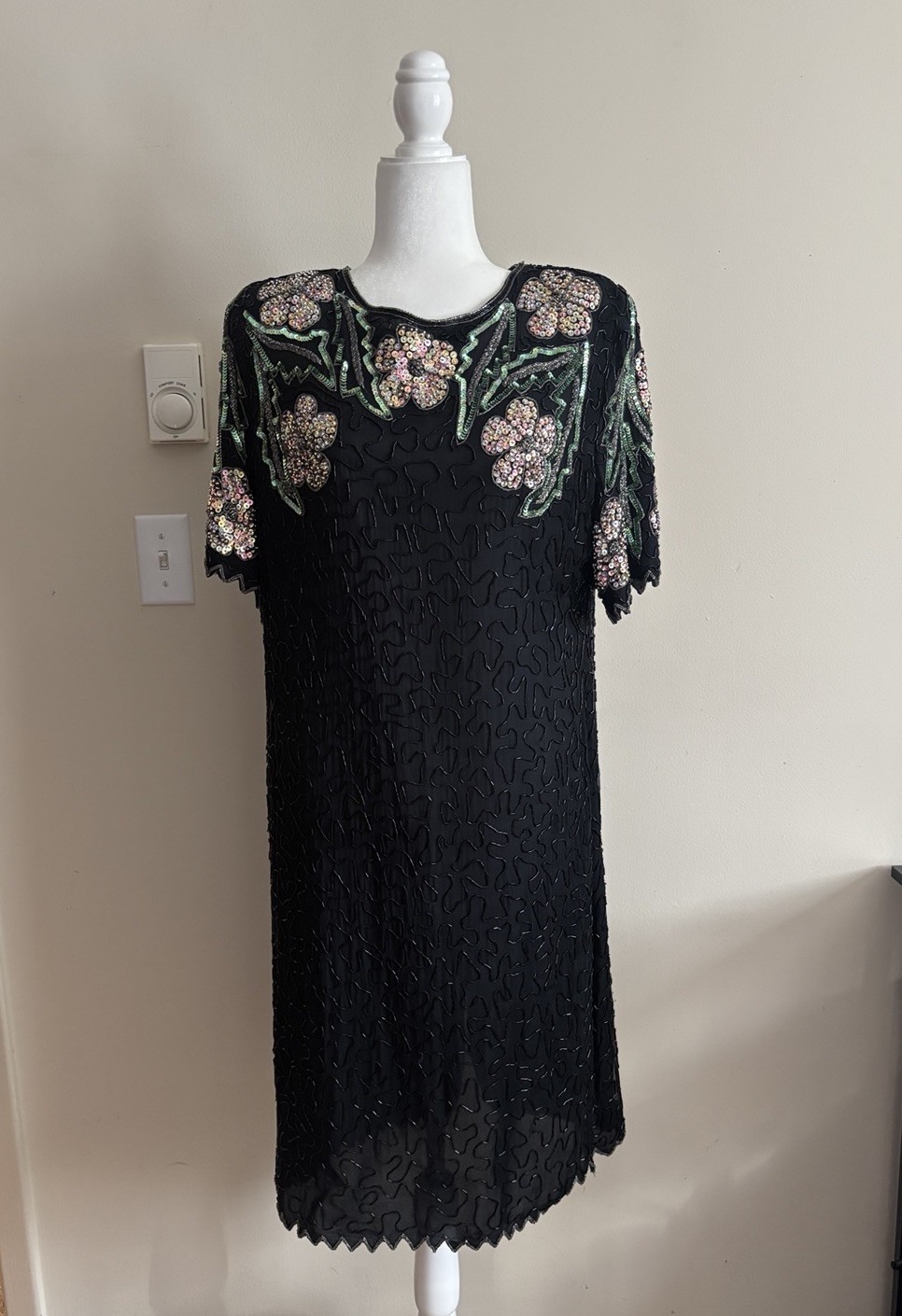 Vintage 80s Carina Beaded Silk Dress XL Floral Black Pink Green Holiday Party