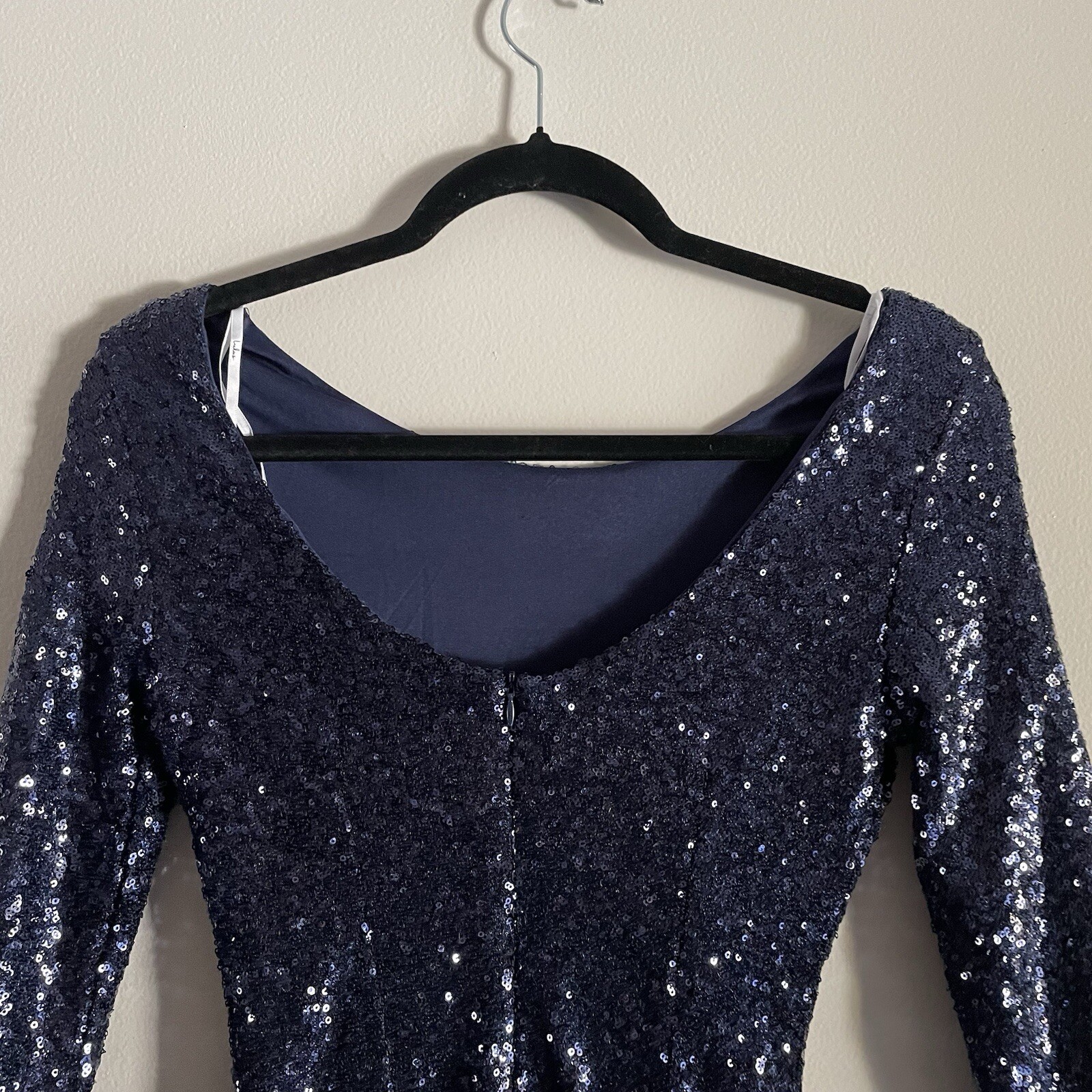 Lulus Women XS Navy Blue Sequin Scoop Back 3/4 Sleeve Delightful Ways Mini Dress