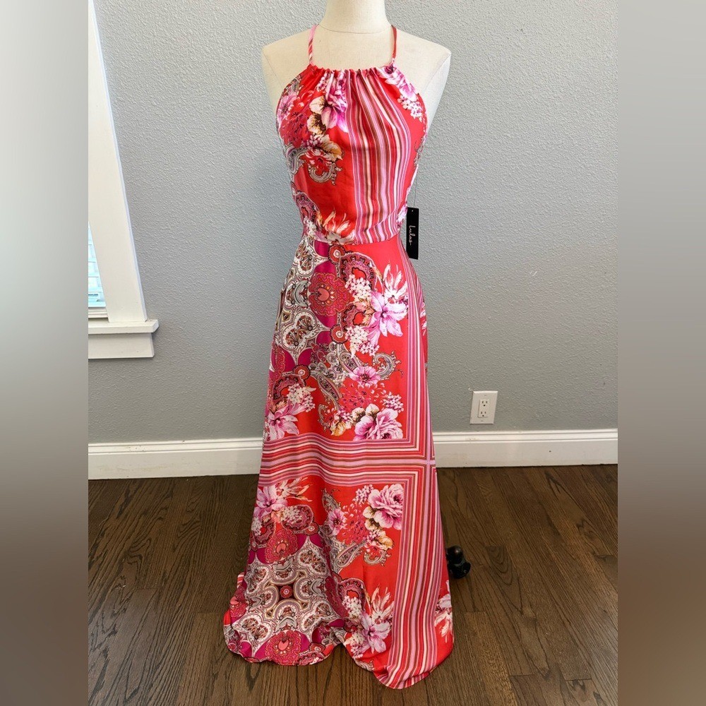 NWT Lulus Whirlwind Red Multi Scarf Print Satin Maxi Dress Size Small