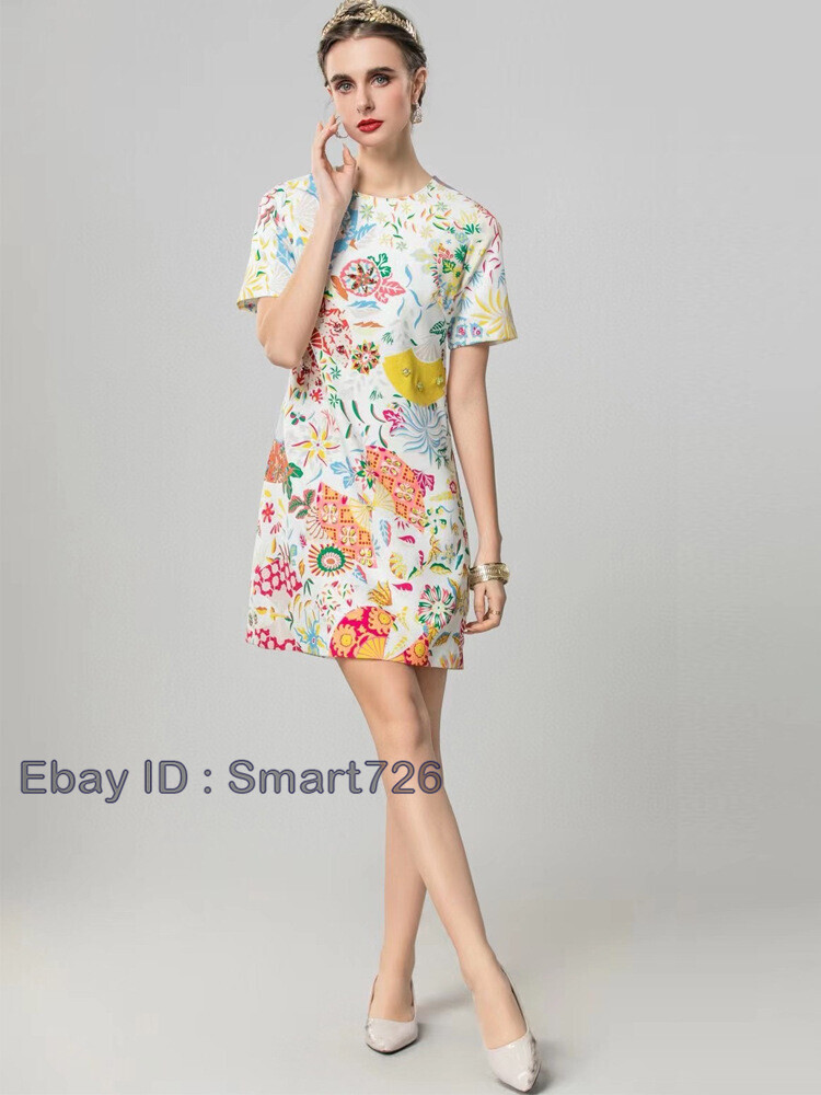 Occident Runway New Beaded Women’s Loose Short Sleeve Printed Midi Dress A-line