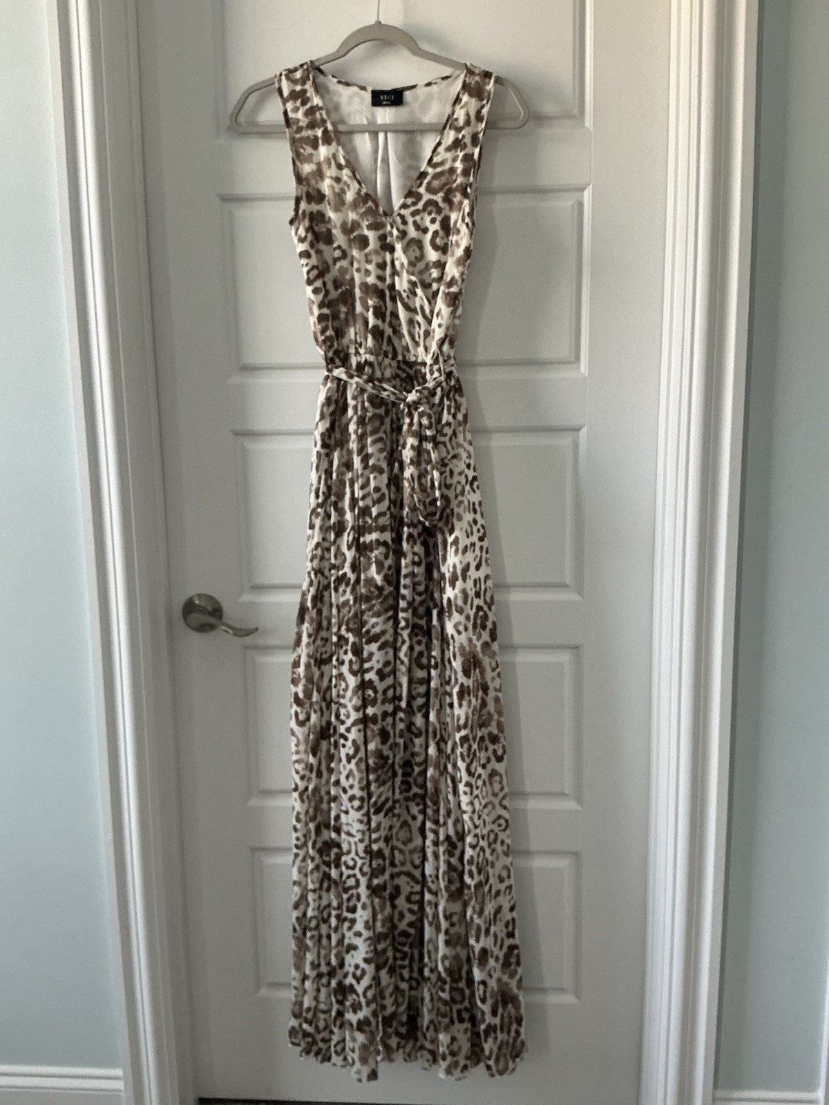 VICI Beige/Brown Leopard Animal Print Chiffon V-Neck Lined Maxi Dress S