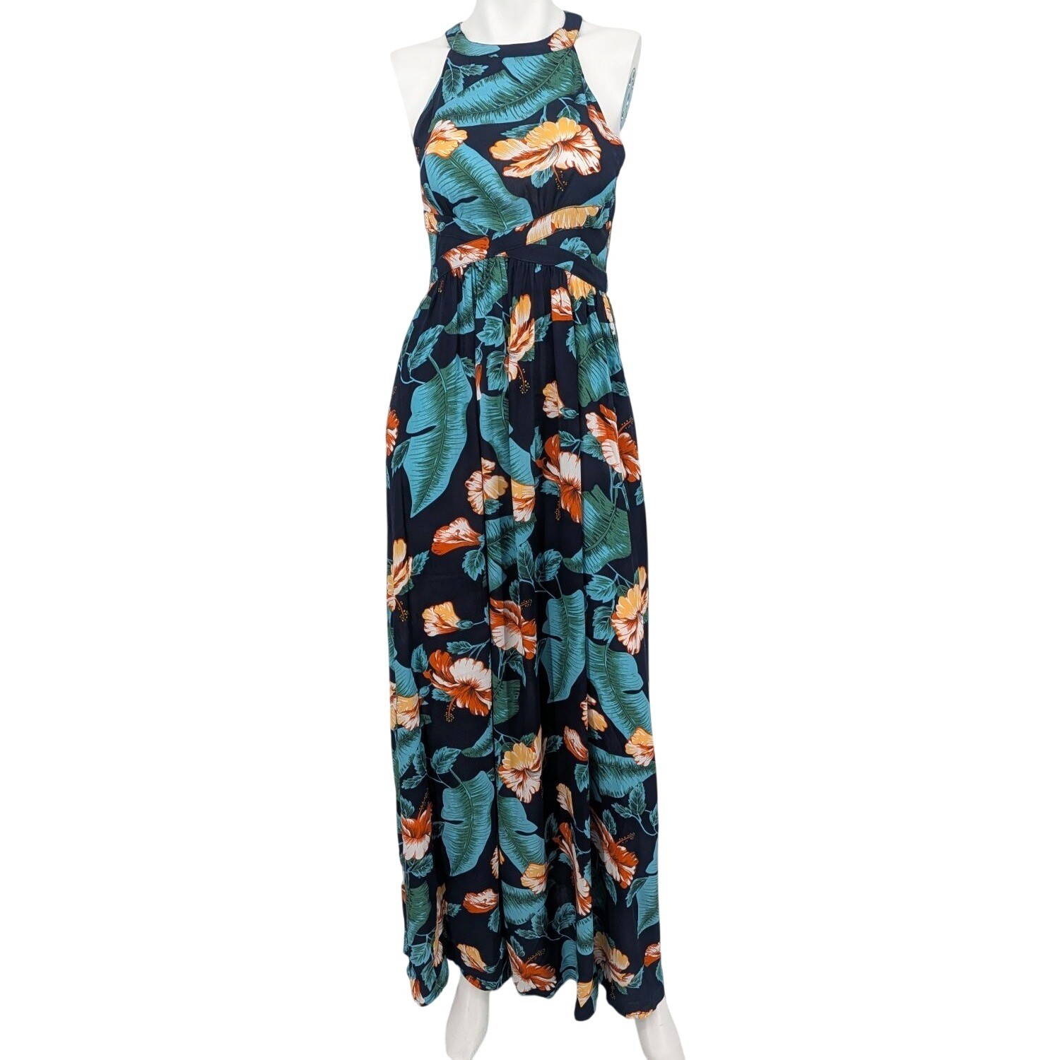 Floral Halter Maxi Dress Romantic Tropical Coastal Resort Open Back Boho Size XS