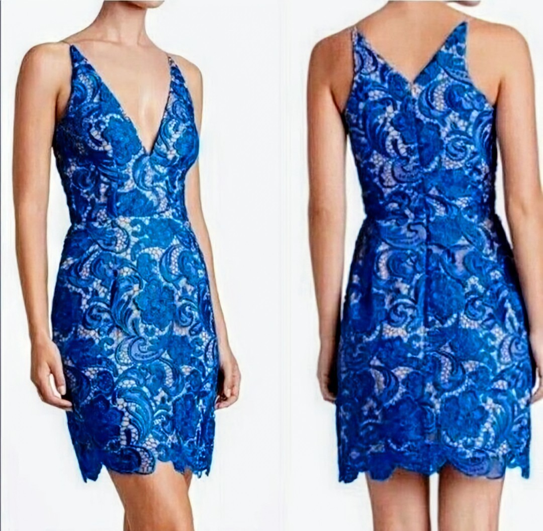 DRESS the POPULATION | Blue/Nude “Allie Ava” Embroidered “Venice Lace” Mini ✨MED