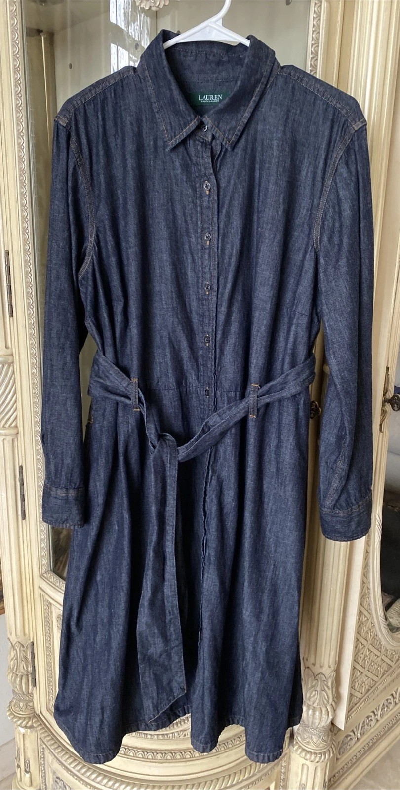 Ralph Lauren Denim Shirt Dress Side Pockets Belted Long Sleeves 16 W Dark Blue