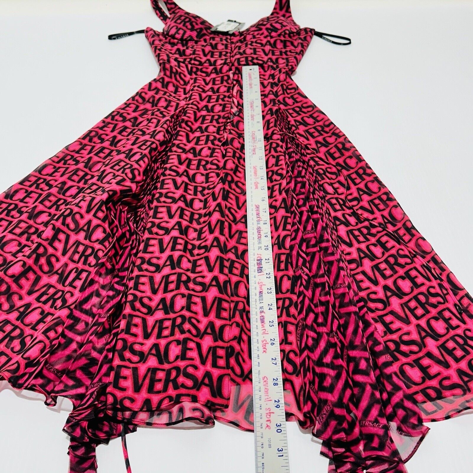 NWT Versace Runway Plisse Silk Dress IT 38 US 2 All Over Logo Red Black $5,425