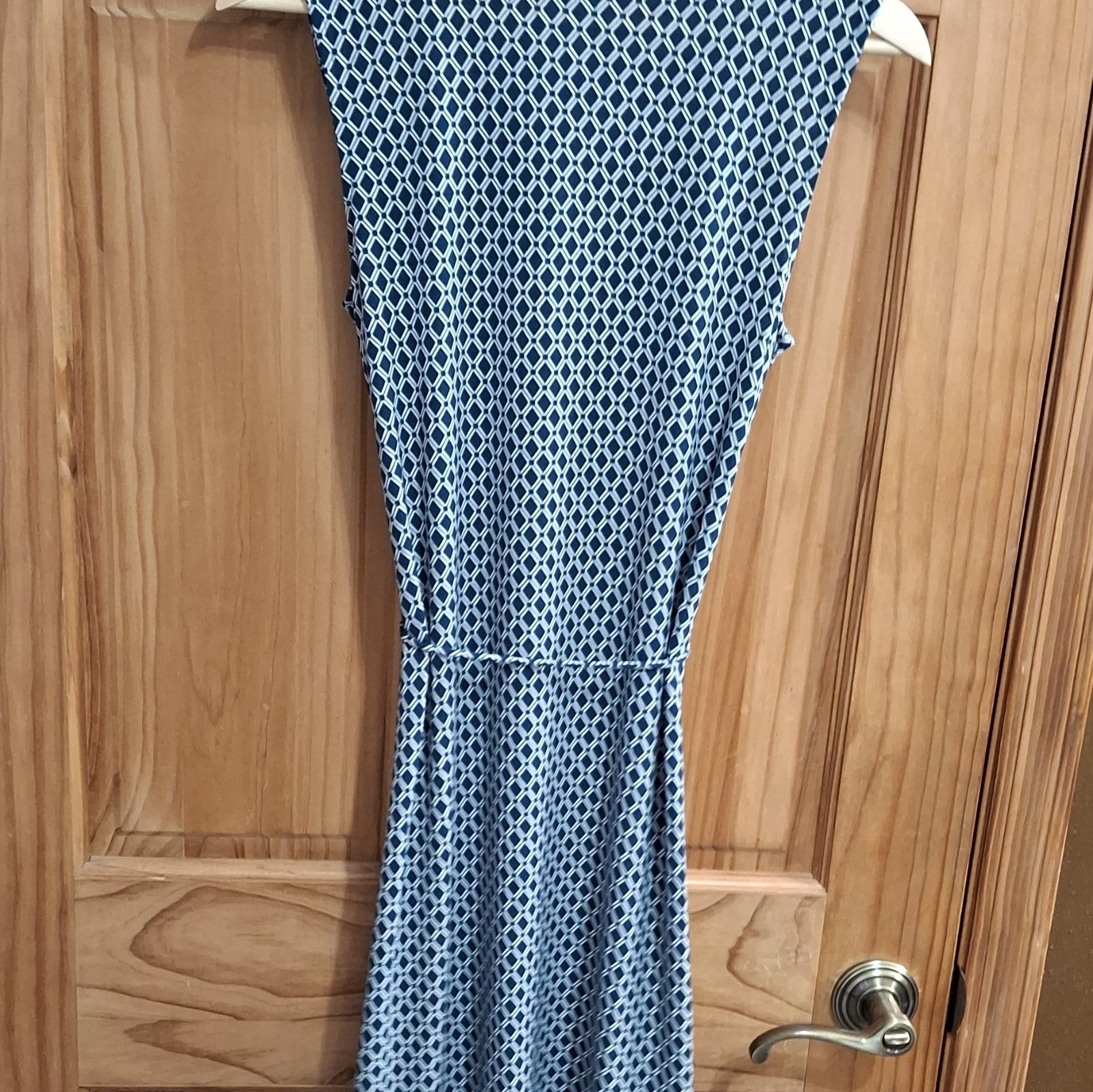 H&M Womens XS Knit A-Line Dress Blue/White Geometric Sleeveless Pleated Knee