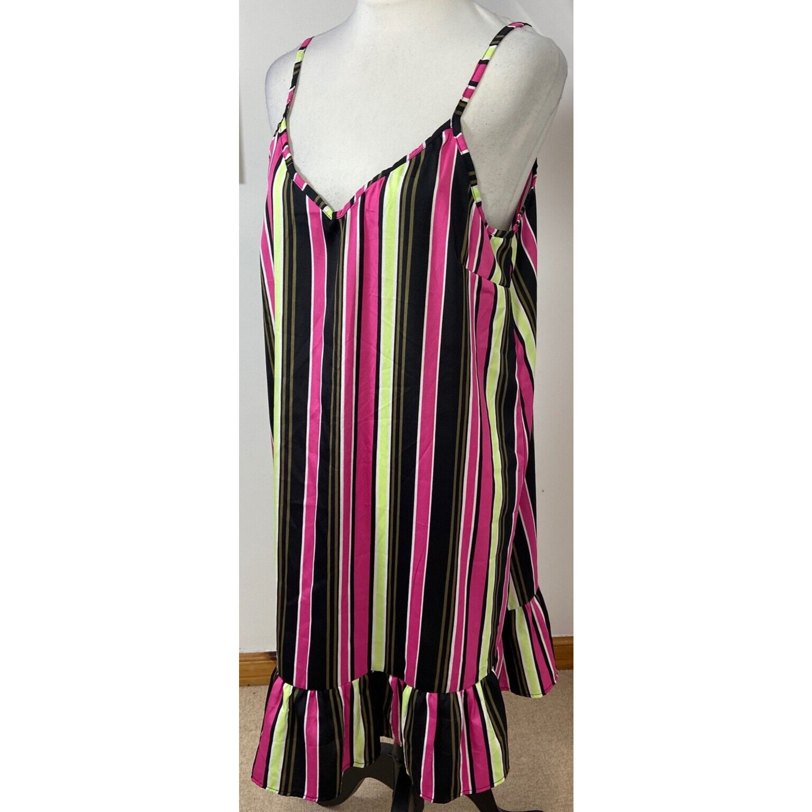 Pep & Co Summer Shift Dress Size 12 Candy Striped Satin Slip Black Pink Green
