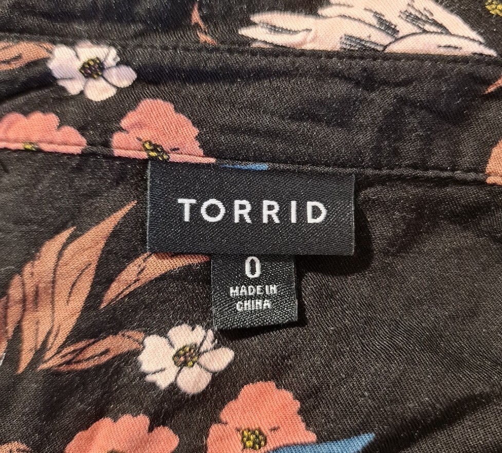 TORRID Women Button Up Shirt Dress Plus 0X Black Floral 3/4 Sleeve No Stretch